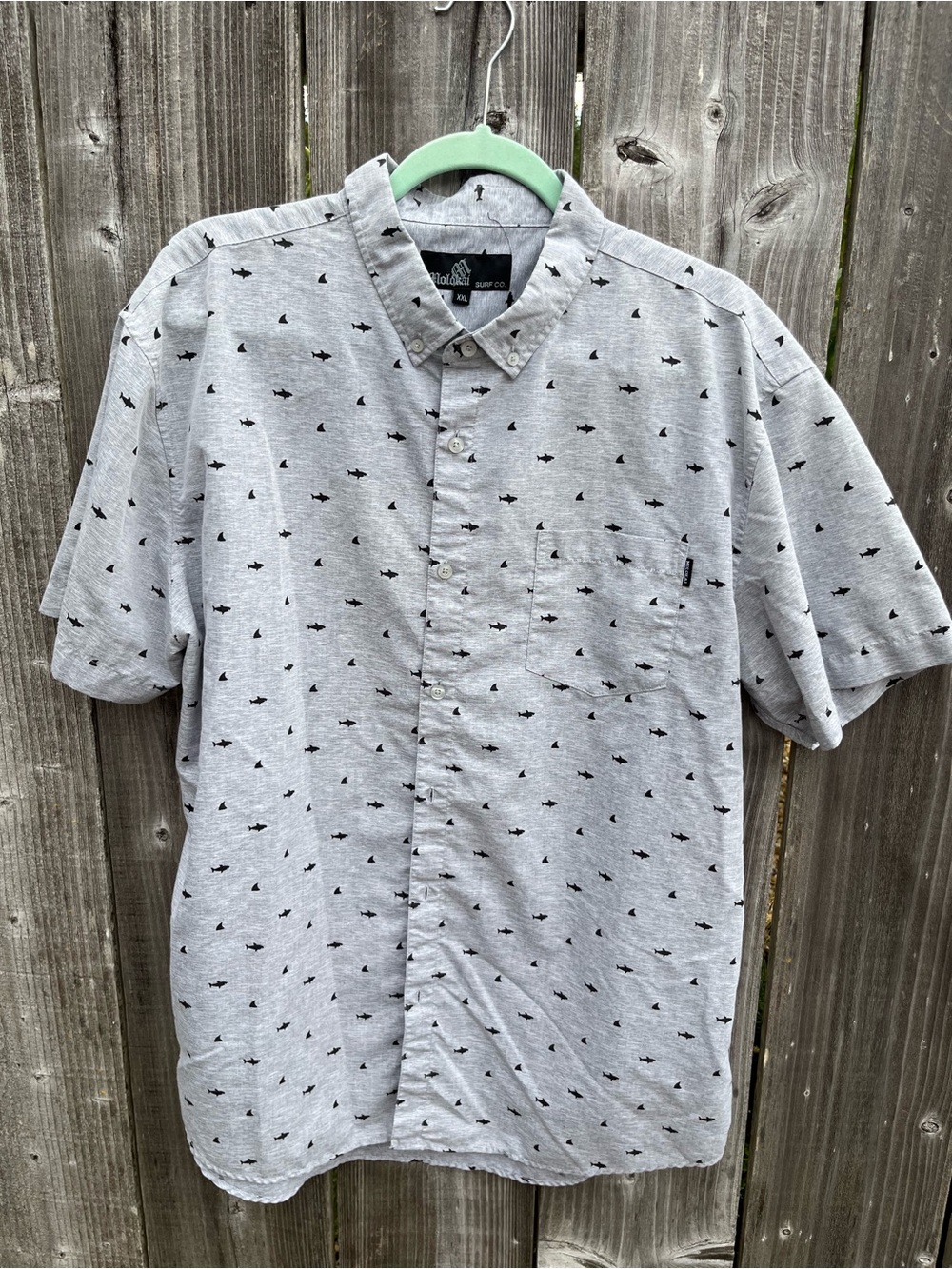 Grey Short-Sleeve Button-Up Shirt with Micro Shark Print